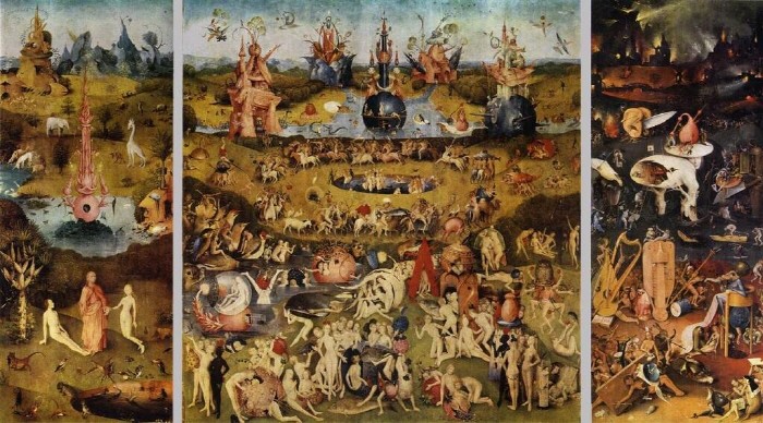 BOSCH, Hieronymus  Triptych of Garden of Earthly Delights  c. 1500 Oil on panel, central panel: 220 x 195 cm, wings: 220 x 97 cm Museo del Prado, Madrid