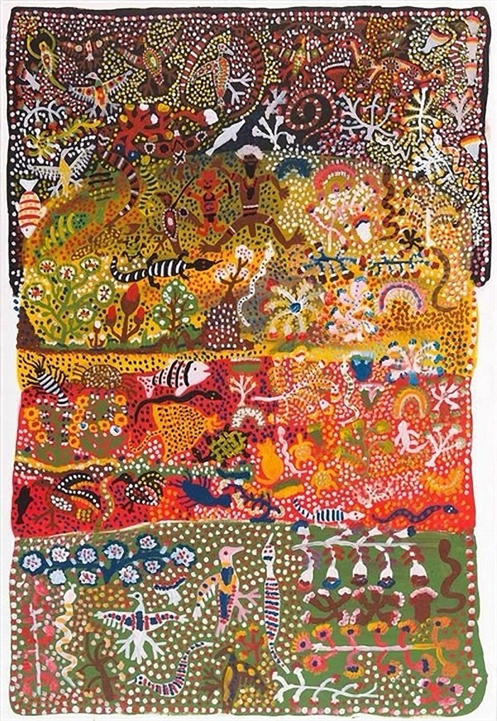 Moima Willi, Willie Kuribi Langaban Place and Old Man Gudang synthetic polymer paint on canvas Painting210 x 143.5 cm