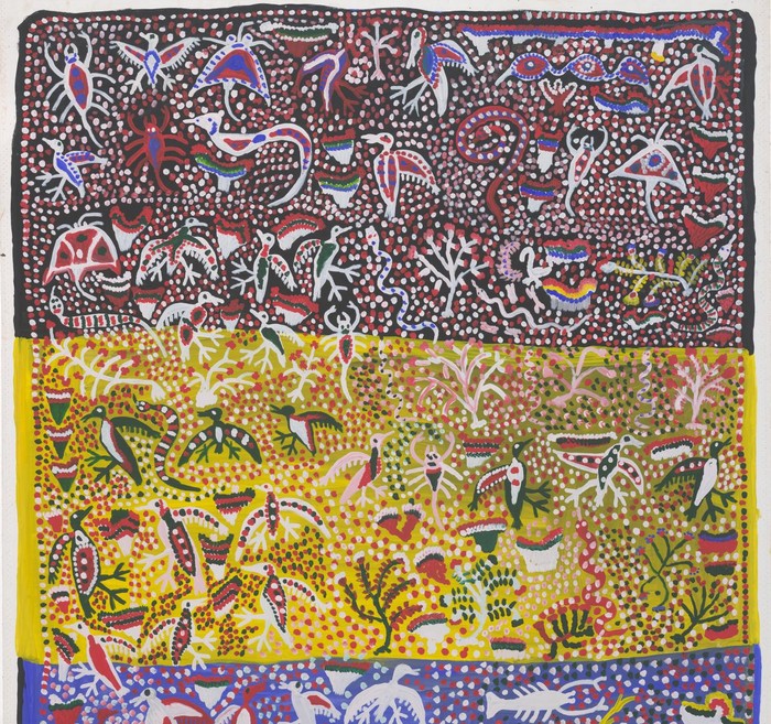 Initiation ritual1992Willie Gudabi Moima Willie캔버스에 합성 고분자. 페인트측정131.8 × 543.1 cm (화상) 135.3 × 546.5 cm (캔버스)