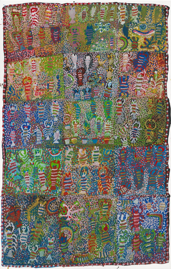 Love songs associated with young boys'ceremony 1996Moima Williesynthetic polymer paint on canvasMeasurements246.5 × 157.5 cm