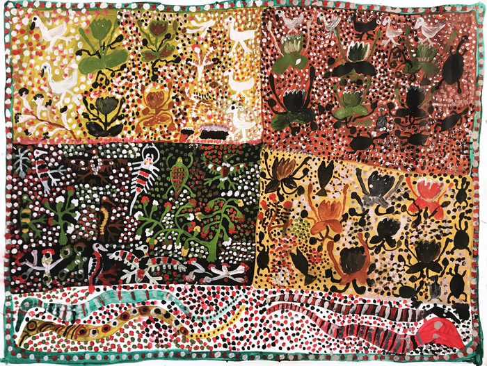 WILLIE WILFRED GUDIPI AND MOIMA WILLIE BUSH CREATURES AND FLOWERS,1996 synthetic polymer paint on canvas 92 x 128cm 36 14 x 50 38 in Unstretched