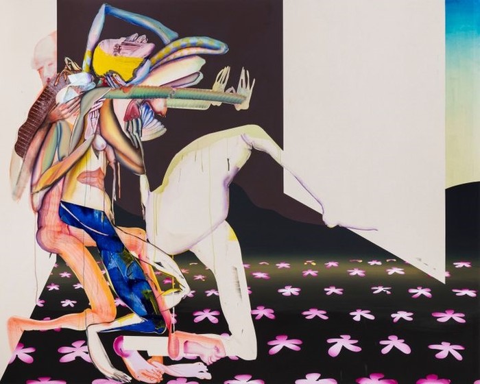 Christina Quarles, When It 'll Dawn on Us, Then Will It Dawn on Us (2018). 195.6 × 244.2 × 5.1cm. © Christina Quarles. 예술가, Regen Projects, Los Angeles 및 Pilar Corrias Gallery, London 제공.