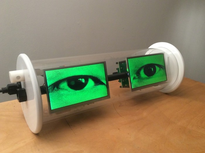 Alan Rath. Electric Eyes III, 2015 Acrylic, polyprpylene, Delrin, nylon, FR-4, custom electronics, LCDs 7 × 21 × 8 in17.8 × 53.3 ×20.3 cm