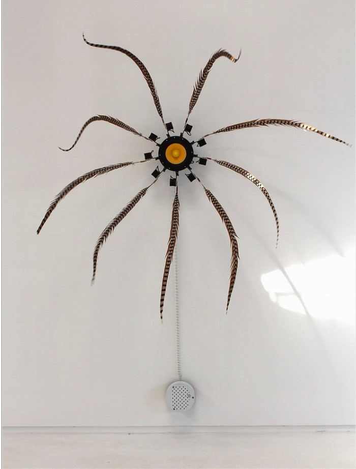 Alan Rath. Evermore, 2013 Fiberglass, polypropylene, aluminum, custom electronics, motors, speaker, pheasant feathers 120 ×108 × 54 in 304.8 × 274.×137.2 cm