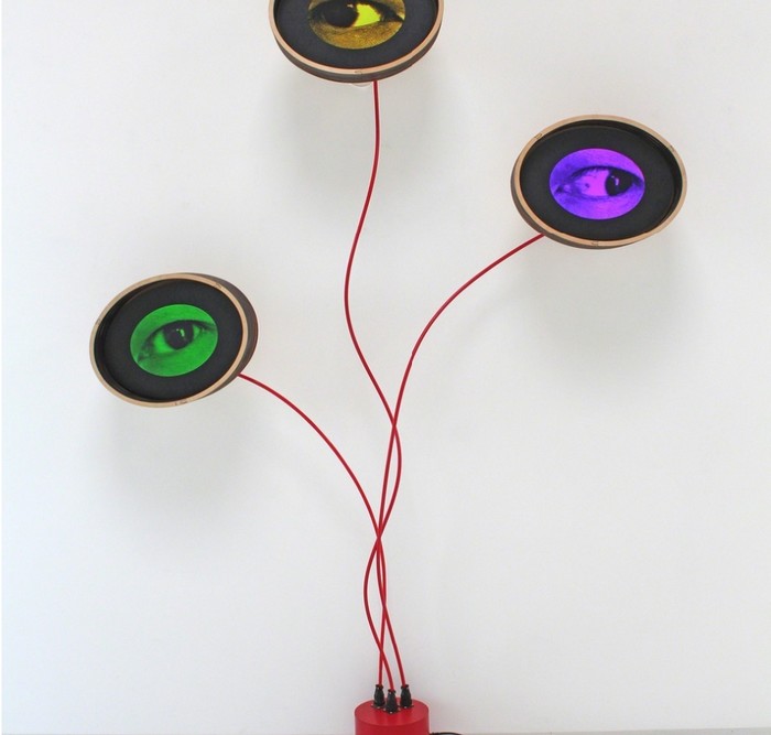 Alan Rath. Eyeris IX, 2017 Wood, acrylic, polyethylene, aluminum, custom electronics, LCDs 87 × 60 × 10 in 221 × 152.4 x25.4 cm