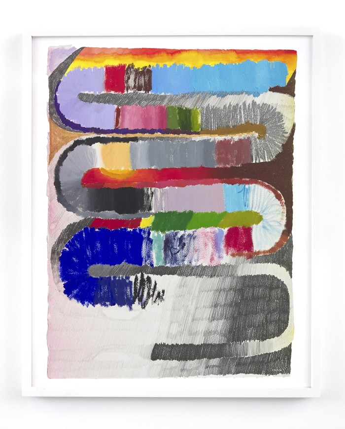 Katy Cowan. towards,2020. Watercolor, ink, enamel and oil paint, graphite on paper, unframed 40 x23in 101.6x58.4 cm