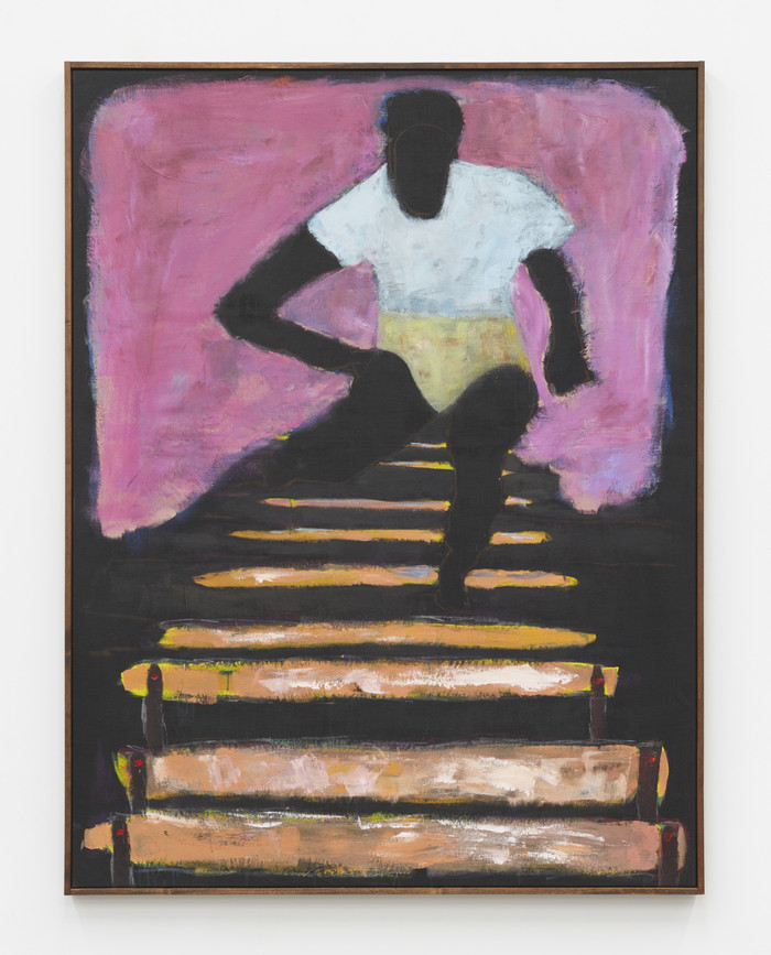 Reggie Burrows Hodges, Hurdling: Sky Blue, 2020, acrylic and pastel on linen 68 × 52 inches, 172.7 × 132.1 cm; 69¼ × 53 inches, 175.9 × 134.6 cm (framed)