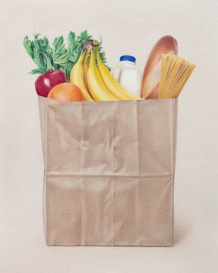 Groceries, 2021, colored pencil on paper, 31¼ × 25 inches, 79.4 × 63.5 cm; 37¾ × 31½ inches, 95.9 × 80 × 3.2 cm (framed)