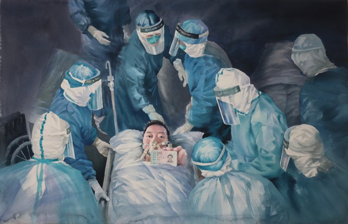 Wendy Liang The Death of Dr. Li Wenliang 2020 Watercolor on paper 26h x40w in