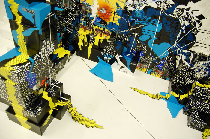 Priscila De Carvalho. “Stairways” Installation View, 2008, sharpie, shoeboxes, photograph collage, tape, acrylic, and vinyl, variable