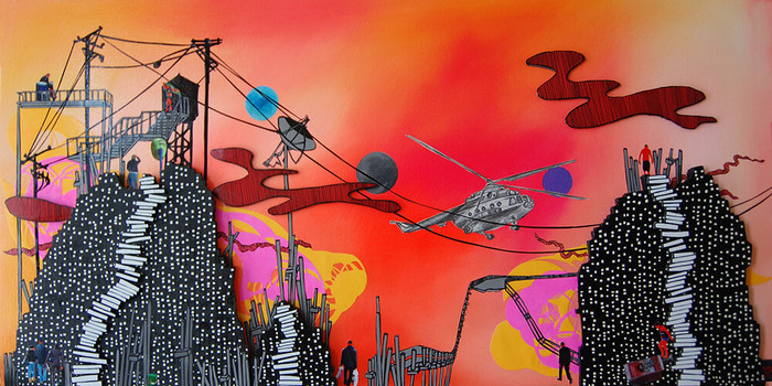 Operation Gatekeeper, 2010, acrylic, Ink, photograph collage, pencil, foam on canvas, 26 x 52