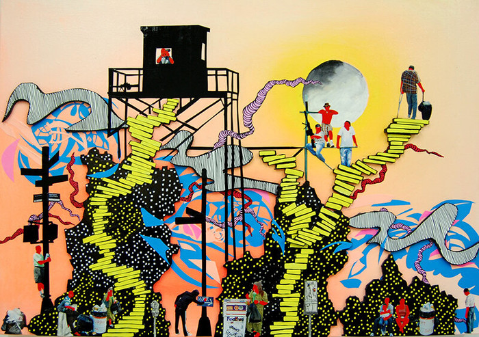 “Off-Duty Militias”, 2008, arylic, pencil, ink, foam, photograph collage on canvas, 24 x  34 x 12 (60.96 x 86.36 cm)