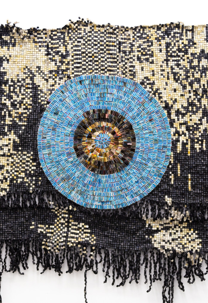 Moffat Takadiwa, Three little witches, 2021 (Detail). Found toothbrushes, computer keys, 177 x 98.4 x 2 inches. Courtesy of the artist and Nicodim Gallery Los Angeles.