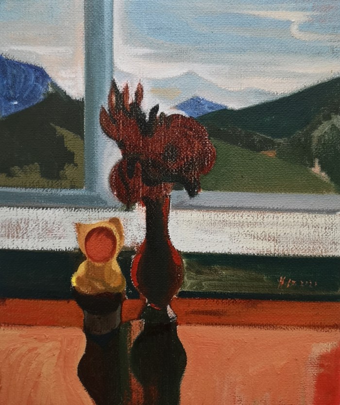 Xiao Jiang, Inside and Outside the Window , 2021, 캔버스에 유채, 13¾ × 20인치; 34.9 × 50.8cm