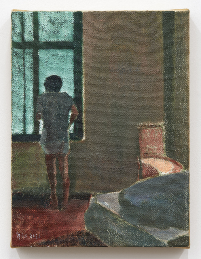 샤오 지앙, Windowside , 2021, 캔버스에 오일, 15¾ × 11⅞ 인치; 40 × 30.2cm