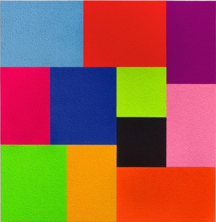 Close, 2019. acrylic, fluorescent acrylic, Flashe, and Roll-a-Tex on joined canvases. Courtesy of Francois Bennahmias, Geneva