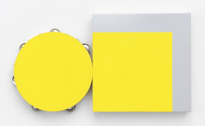 Summer Skin, 2016, tambourine, acrylic, canvas, 12 × 22 × 1 ¾ inches; 30.4 × 55.8 × 4.44 cm