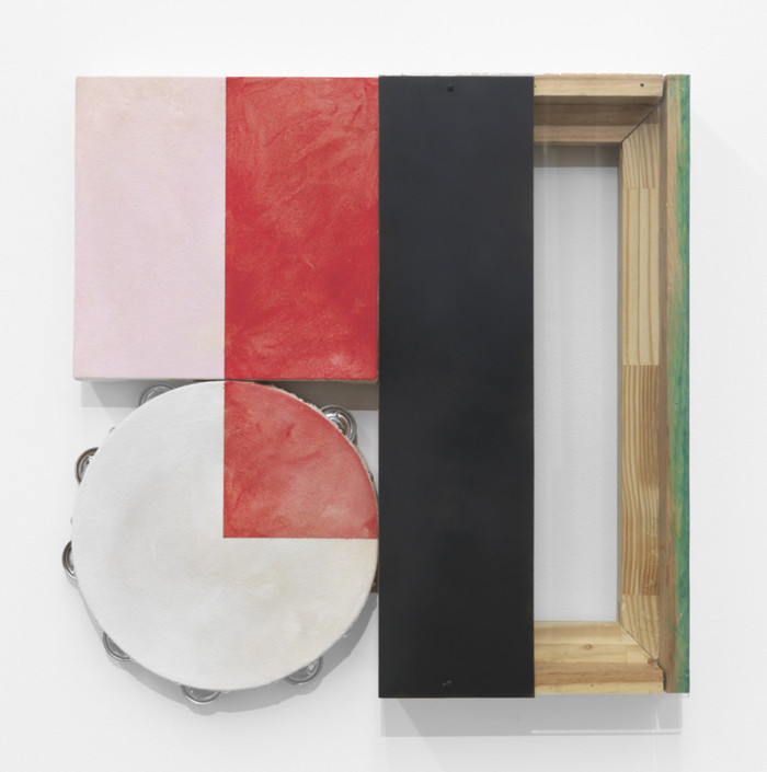 There Was Music, 2017, tambourine, canvas, wood, woodglue, screws, acrylic, ink, glass, spray paint, 20 × 21 × 3½ inches; 50.8 × 53.3 × 8.8 cm
