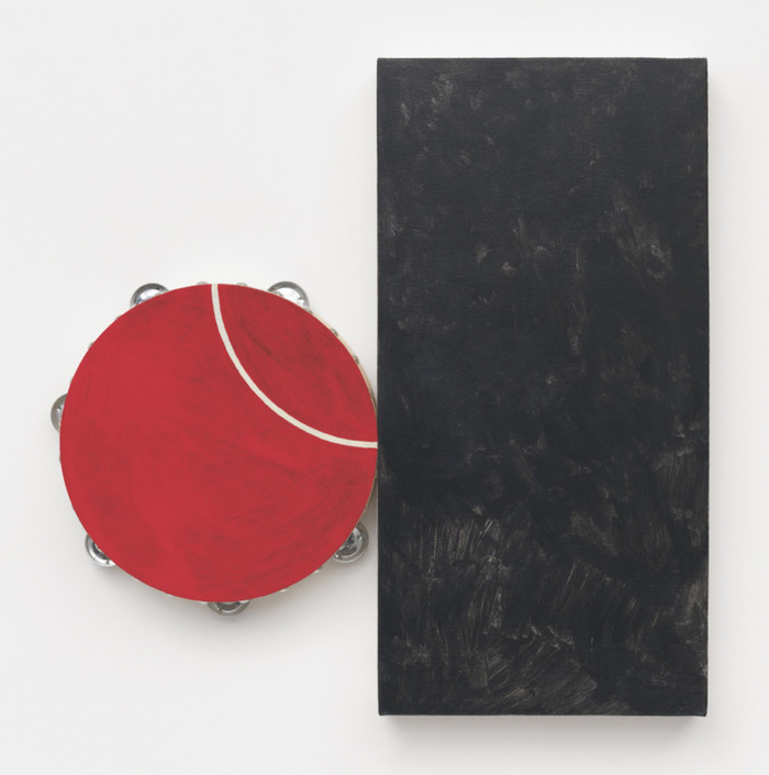 Untitled, 2015, tambourine, acrylic, canvas, 20 × 20 × 2 inches; 50.8 × 50.8 × 5.08 cm
