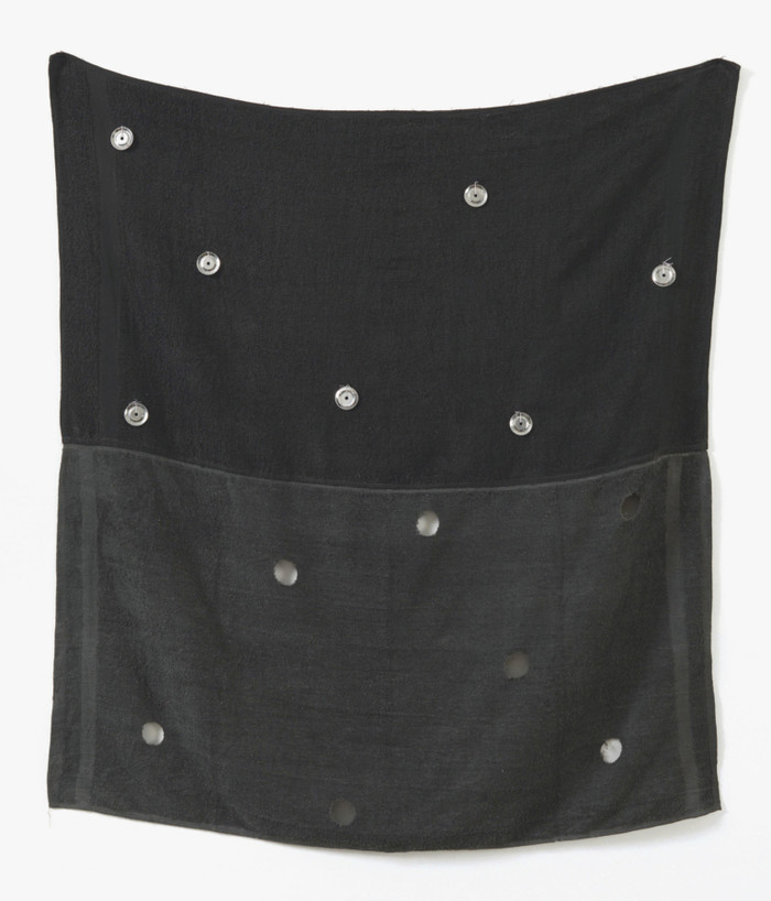 Untitled, 2010, bath towels, ink, cotton thread, tambourine bells, string, wire hoops, 49 ¼ × 42 ½ inches; 125.1 × 107.9 cm