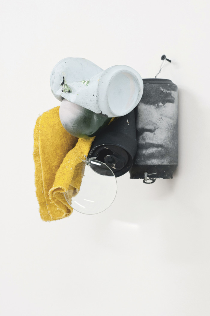 Untitled, 2013, soda cans, Xerox, acrylic, washcloth, ink, lightbulbs, magnifying glass, monofilament, spray paint, wire, screw, 10 × 8 × 7 inches; 25.4 × 20.3 × 17.7 cm