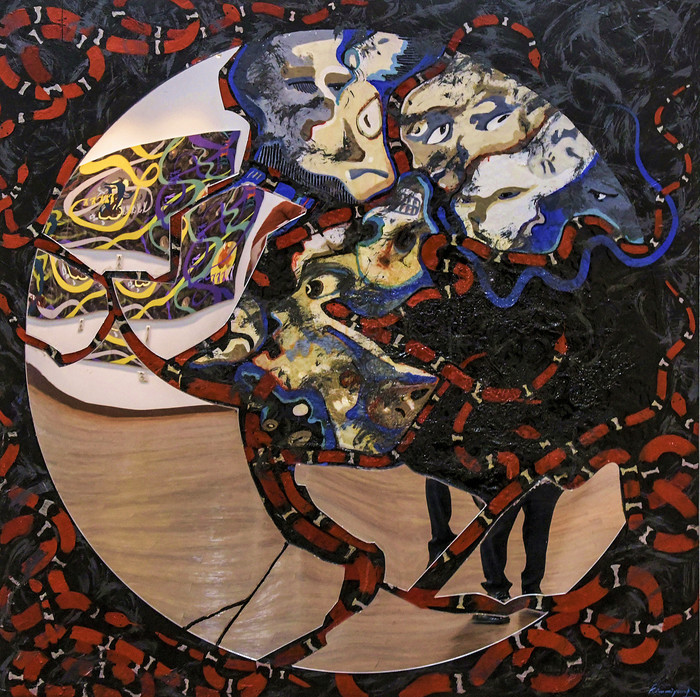 Kim mi young. The other side of reflection-Self portrait1. 120x120cm. mixed media on pannel. 2018