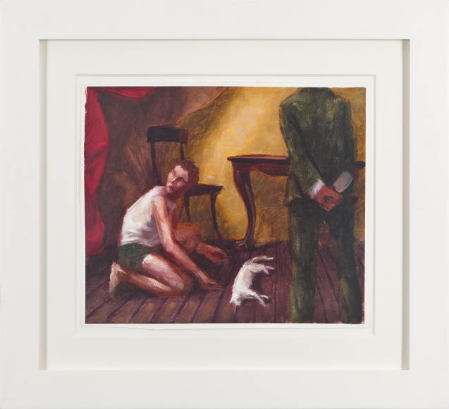 Innocent Man with Cleaver and Red Drape,1989. Oil on gessoed paper.10.88h x 13w in (27.62h x 33.02w cm)