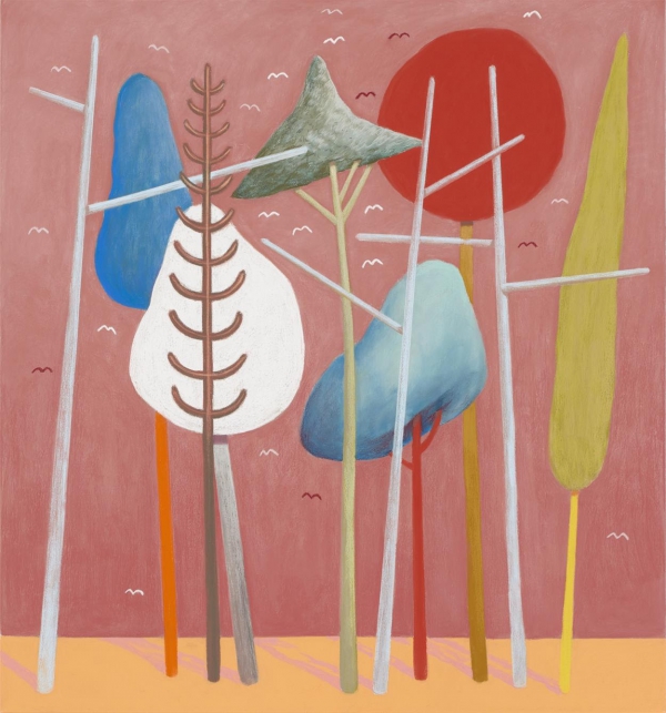 새가 있는 풍경 , 2017, 캔버스에 부드러운 파스텔, 55 × 51 1 ⁄ 4신장; 139.7 × 130.1cm