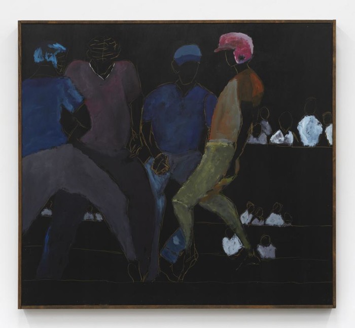 대상 핑크 헬멧 , 2019, 나무 패널에 아크릴과 파스텔, 43½ × 48인치, 110.5 × 121.9cm; 44½ × 49인치, 113 × 124.5cm(프레임)