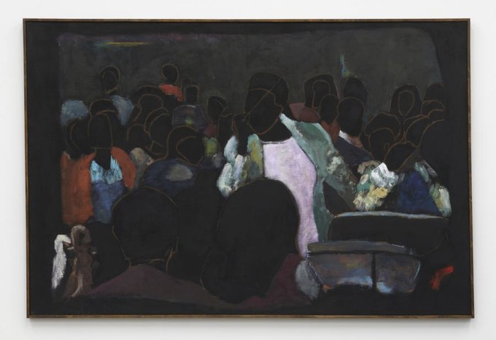 커뮤니티 감사 오케스트라 , 2020, 린넨에 아크릴 및 파스텔, 57 × 85인치, 144.8 × 215.9cm; 58 × 86인치; 147.3 × 218.4cm(프레임)