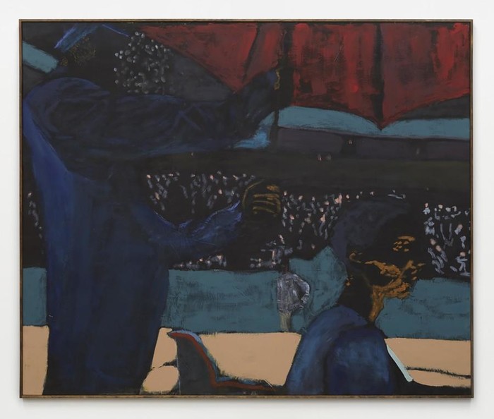 타인을 위한 봉사 빨간 우산 , 2019, 캔버스에 아크릴과 파스텔, 80⅛ × 96인치, 203.5 × 243.8cm; 81¼ × 97⅛ × 2인치, 206.4 × 246.7 × 5.1cm(프레임)