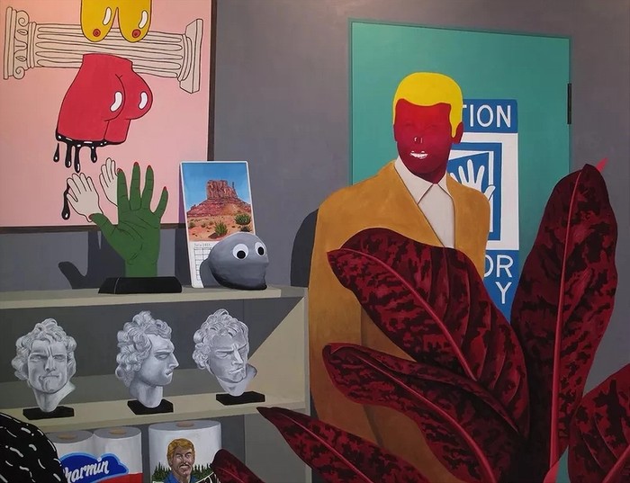 Chris Fallon. Back Room, 2021. Acrylic on wood panel 48 ×60 in