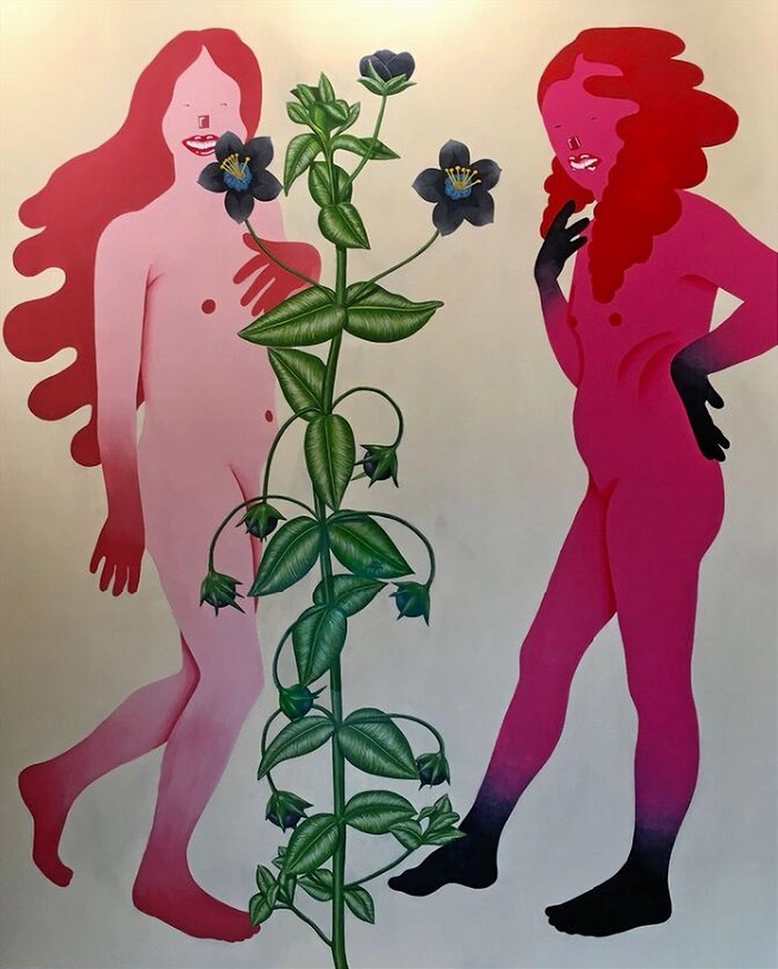 Chris Fallon. The Gardeners, 2021. Acrylic on wood panel. 64X48 in