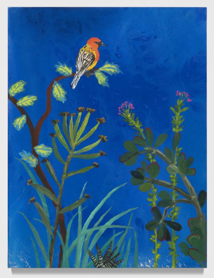 Orange Bird on Blue, 2019, acrylic on canvas, 42 × 30 inches; 106.68 × 76.2 cm