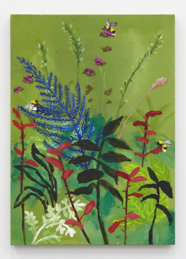 Blue Fern with Bees, 2019, acrylic on canvas, 34 × 24 inches; 86.4 × 61 cm