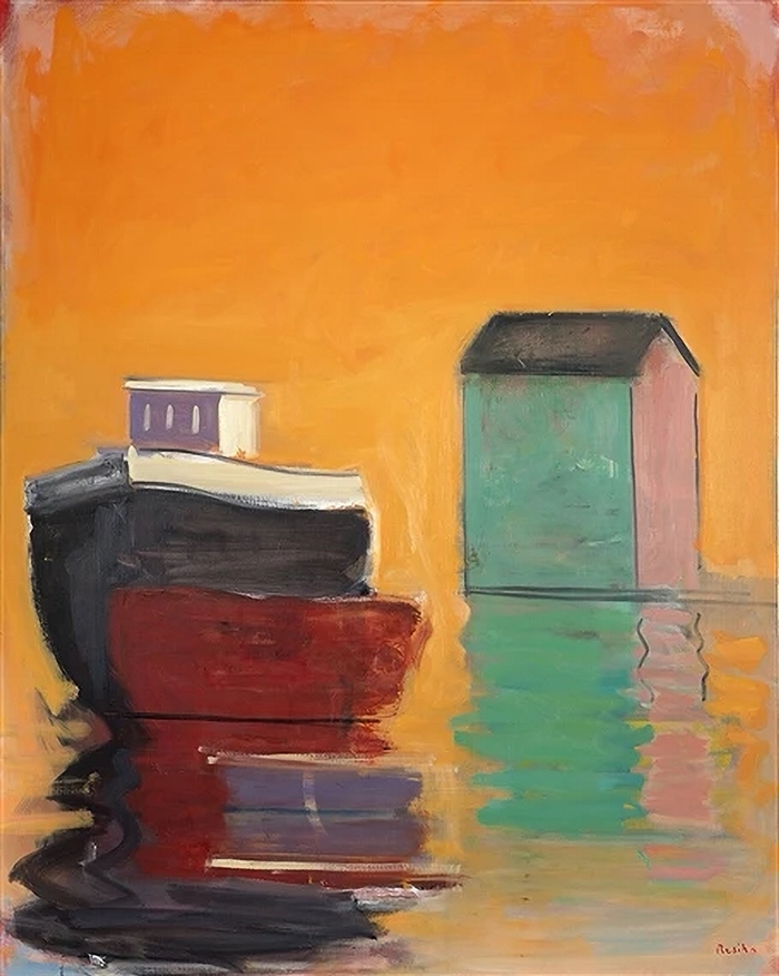 Paul Resika. Yellow Harbor - Deep, boat on the water, 1998. oil on canvas. Painting. 64 x 51 in