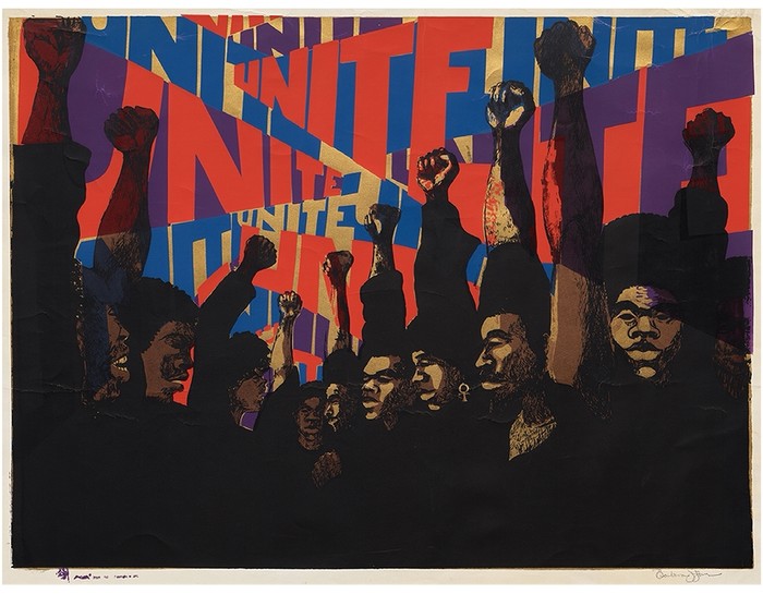 Unite , 1969, 1971년 인쇄. Barbara Jones-Hogu(미국인, 1938–2017). 컬러 스크린프린트; 이미지 56.9 x 76.7 cm. 클리블랜드 미술관, 칼 B. 골드필드 트러스트,2021.14. © 바바라 존스-호구