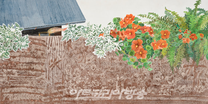  윤선홍, 내 어릴 적에(120 x 60cm, 장지에 분채, 먹, 2019)