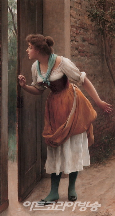 Die Lauscherin [The Eavesdropper]Oil on panel, 190631 3/8 x 18 1/2 inches (80 x 47 cm)Private collection