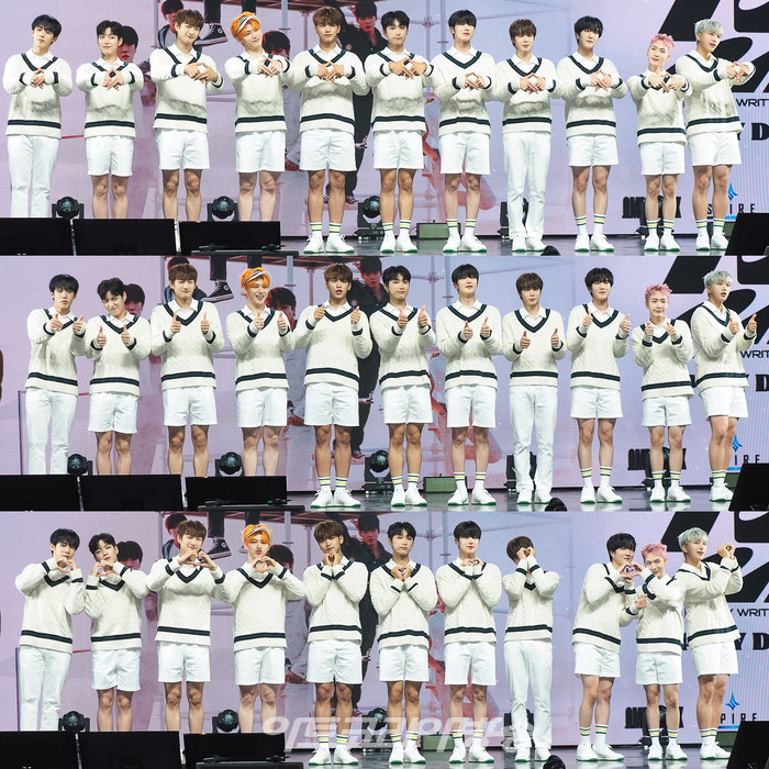 오메가엑스(OMEGA X) 첫 정규 앨범 '낙서(樂서) : Story Written in Music' 발매 기념 쇼케이스(사진 왼쪽부터 젠, 휘찬, 태동, 한겸, 혁, 재한, 예찬, 제현, 정훈, 케빈, 세빈) 2022.06.15 사진 ⓒ아트코리아방송 이용선 기자