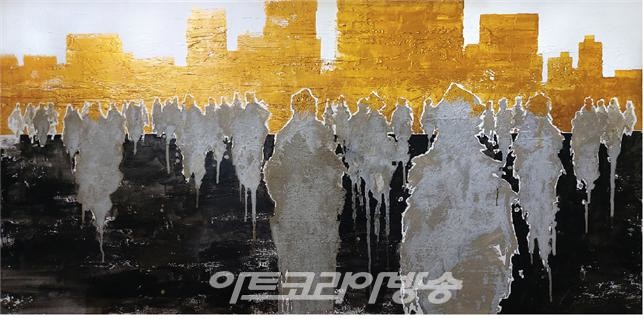 김태용, 길들여지는 사람들1,  80×90㎝, 패널 위 혼합재료