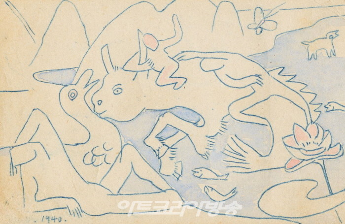 〈상상의 동물과 사람들〉, 1940, 종이에 먹지그림, 채색, 9×14cm. 국립현대미술관 이건희컬렉션.