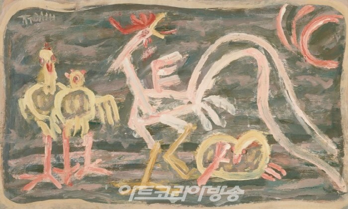 닭과 병아리, 1950년대 전반, 종이에 유채, 30.5×51cm. 국립현대미술관 이건희컬렉션.