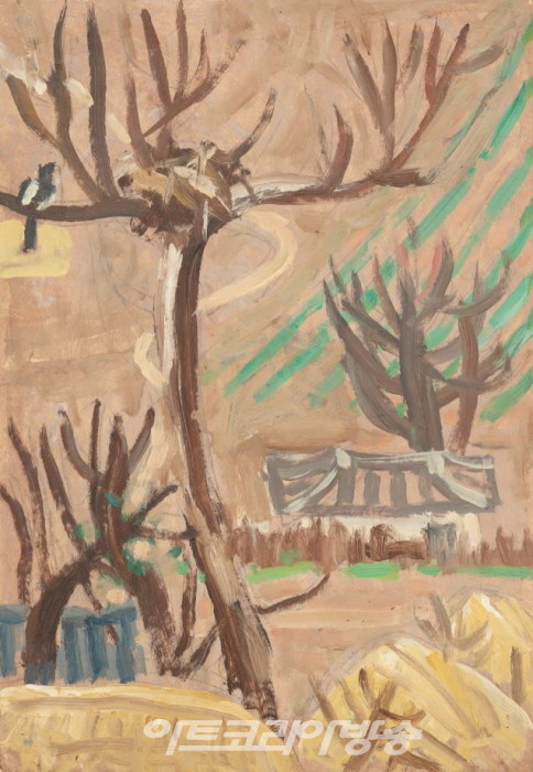 〈나무와 까치가 있는 풍경〉, 1950년대 전반, 종이에 유채, 40.7×28.3cm. 국립현대미술관 이건희컬렉션.