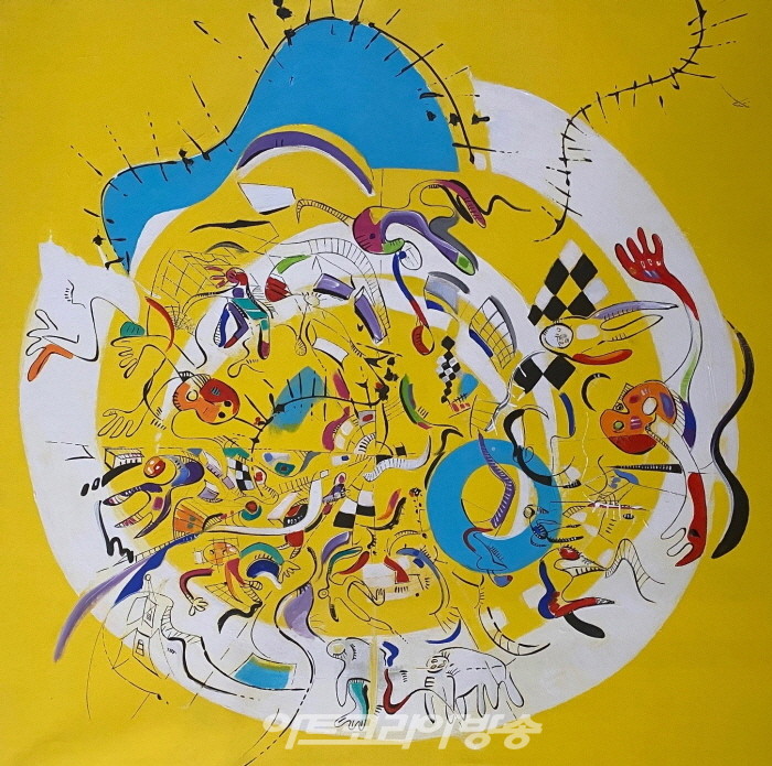 Caroline Hachem, Cities of Monsters and Superhumans, 120x120cm, acrylic on canvas, 2021