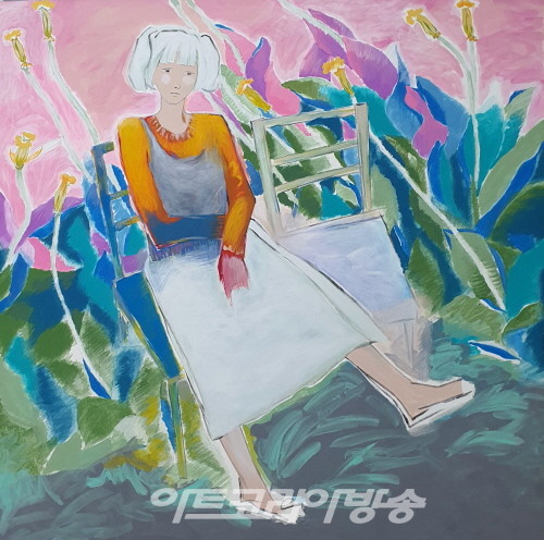 공감 Empathy Mineral pigment with korean paper on wooden board 한지에 석채.분채, 112x112cm, 2022