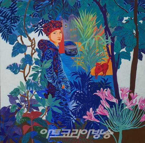 공감 Empathy Mineral pigment with korean paper on wooden board 한지_석채.분채, 130x130cm, 2022