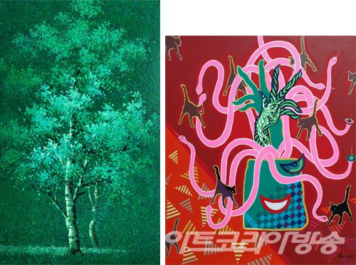 김명희 作_아름다운순간-한여름밤의꿈_Acrylic on Canvas_33.4x53cm_2022 (좌)김미영 作_미학적 해탈_Acrylic on canvas_53.0x45.5cm_2022 (우)