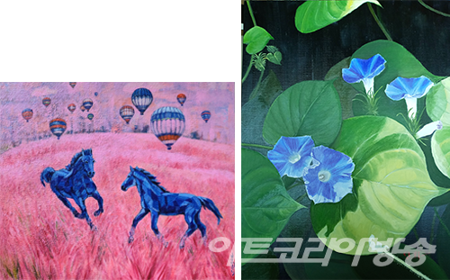 김상옥 作_Going together-confession_Mixed media on canvas_53.0x45.5cm_2022 (좌)김선화 作_고요_oil on canvas_53.0x40.9cm_2021 (우)