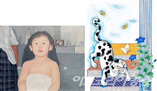 김혜진 作_할머니와 나_캔버스에 아크릴_53x40.9cm_2020 (좌)남정예 作_호기심_한지에 채색_58x44cm_2022 (우)